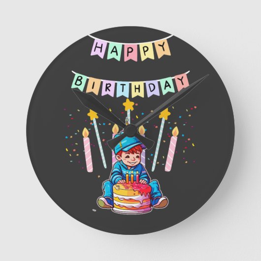 かわいい赤ちゃんの1歳の誕生日　かっこいい少年 ラウンド壁時計 (正面)