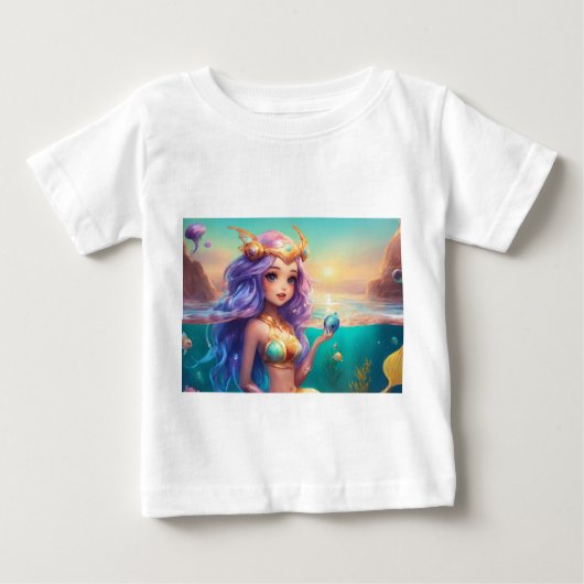 かわいい赤ちゃんのTシャツ。美しい人魚の絵がプリントされている ベビーTシャツ (正面)