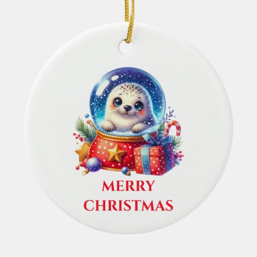 かわいい赤ちゃんアザラシ クリスマス セラミックオーナメント (正面)