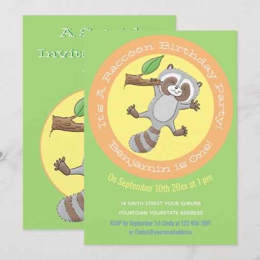 かわいい赤ちゃんアライグマのキャラクターイラスト 1歳 招待状 (正面/裏面)