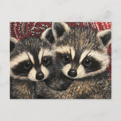 かわいい赤ちゃんアライグマの赤い水玉模様の絵 ポストカード (正面)
