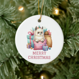かわいい赤ちゃんアルパカのクリスマス セラミックオーナメント