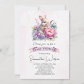 かわいい赤ちゃんウサギと花のベビーシャワー招待状 招待状 (正面)