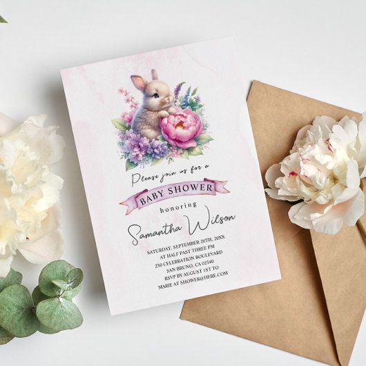 かわいい赤ちゃんウサギと花のベビーシャワー招待状 招待状