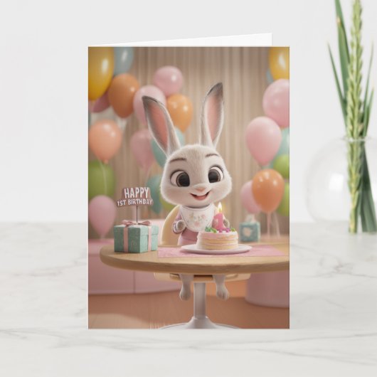 かわいい赤ちゃんウサギのケーキと風船の1歳誕生日 カード (正面)