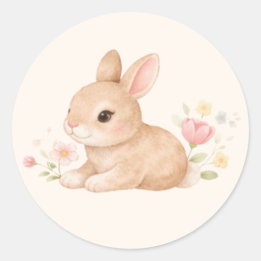 かわいい赤ちゃんウサギのピンクの花 ラウンドシール (正面)