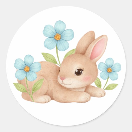 かわいい赤ちゃんウサギの花 ラウンドシール (正面)