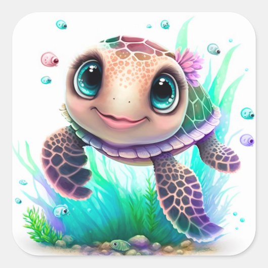 かわいい赤ちゃんウミガメのイラスト – 愛らしい海洋 スクエアシール (正面)