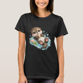 かわいい赤ちゃんカワウソの水面浮遊Tシャツ Tシャツ