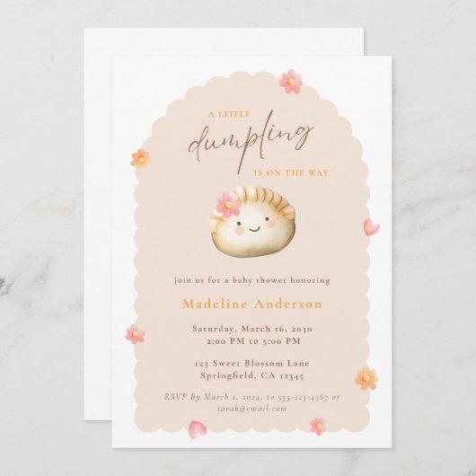 かわいい赤ちゃんガールシャワー途中の小さな餃子 招待状 (正面/裏面)