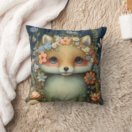 かわいい赤ちゃんキツネ ピンクブルーの花 絵画 クッション (ブランケット)