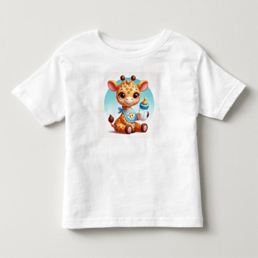 かわいい赤ちゃんキリンが哺乳瓶を持っている トドラーTシャツ (正面)