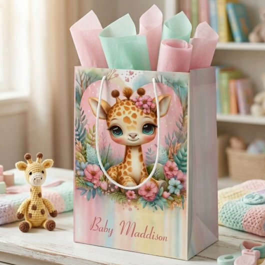 かわいい赤ちゃんキリン 名前入り ミディアムペーパーバッグ