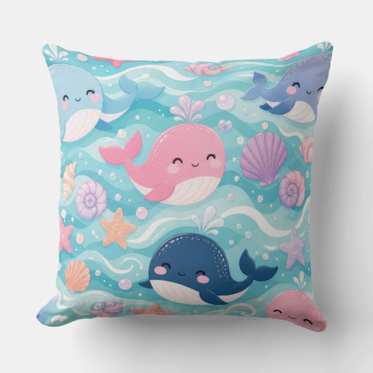 かわいい赤ちゃんクジラの保育園の装飾 | ピンクと青の海 クッション (正面)