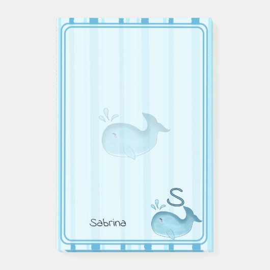 かわいい赤ちゃんクジラ 青いストライプの付箋紙 ポストイット (正面)