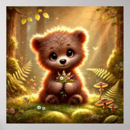 かわいい赤ちゃんクマと花の幻想的な森 |  ポスター