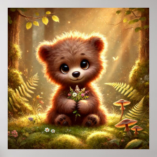 かわいい赤ちゃんクマと花の幻想的な森 |  ポスター