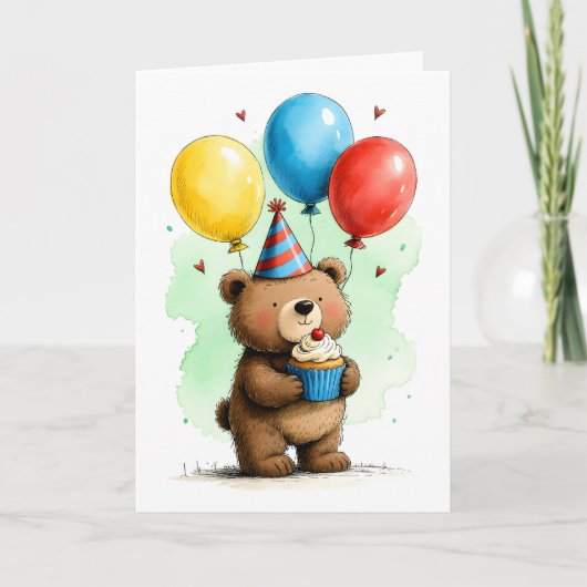 かわいい赤ちゃんグマのカップケーキ付き子供の誕生日おめでとう カード (正面)