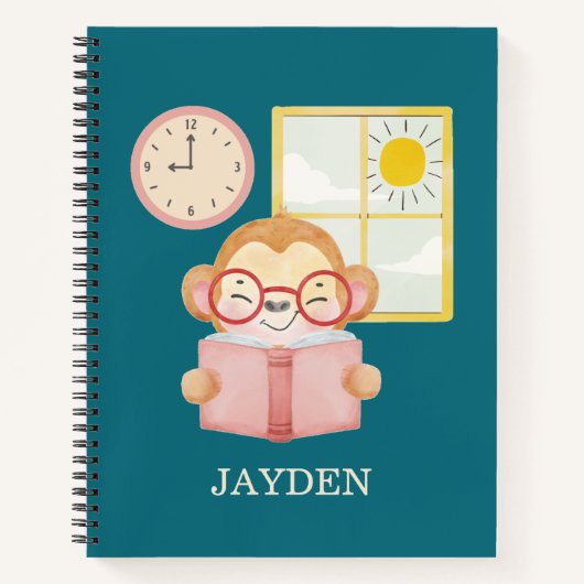 かわいい赤ちゃんサルが本を読む朝の名前子供 ノートブック (正面)
