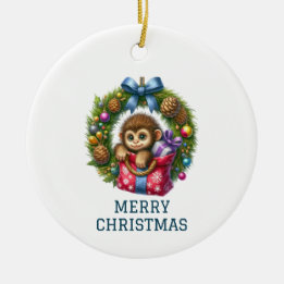 かわいい赤ちゃんサル クリスマス セラミックオーナメント
