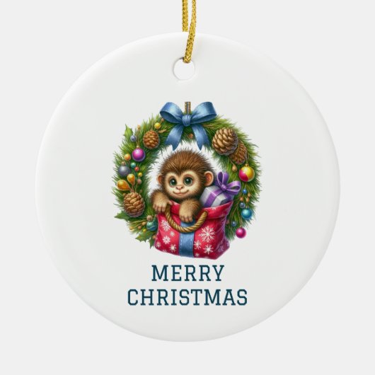 かわいい赤ちゃんサル クリスマス セラミックオーナメント (正面)