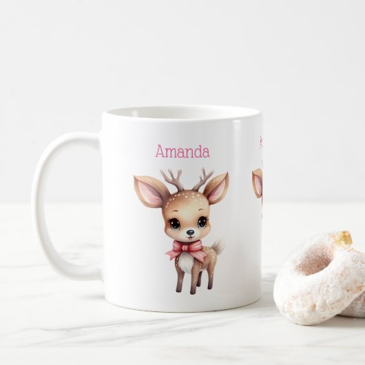 かわいい赤ちゃんシカのキャラクターイラスト コーヒーマグカップ (ドーナツ)