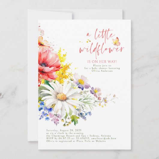 かわいい赤ちゃんシャワーが途中にある小さな野花 招待状 (正面)