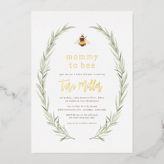 かわいい赤ちゃんシャワーに輝く男女兼用ママ 箔招待状 (正面)