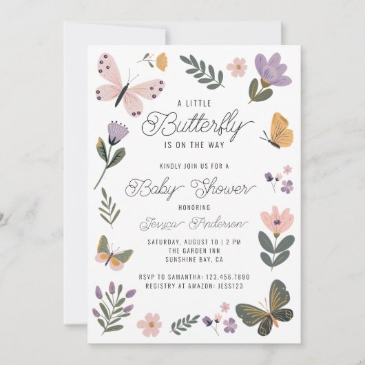 かわいい赤ちゃんシャワーの途中に小さな蝶 招待状 (正面)