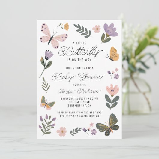 かわいい赤ちゃんシャワーの途中に小さな蝶 招待状 (スタンド正面)