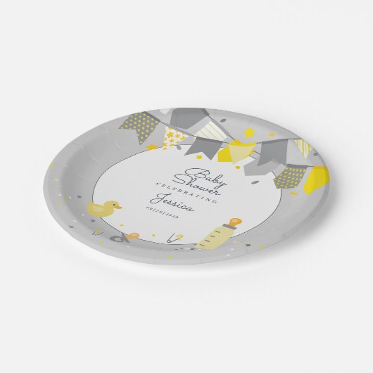 かわいい赤ちゃんシャワーイエローグレ男女兼用ー ペーパープレート (アングル)