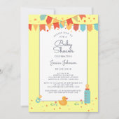 かわいい赤ちゃんシャワーイエローレッドティール（緑がかった色）バナーフラグ 招待状 (正面)