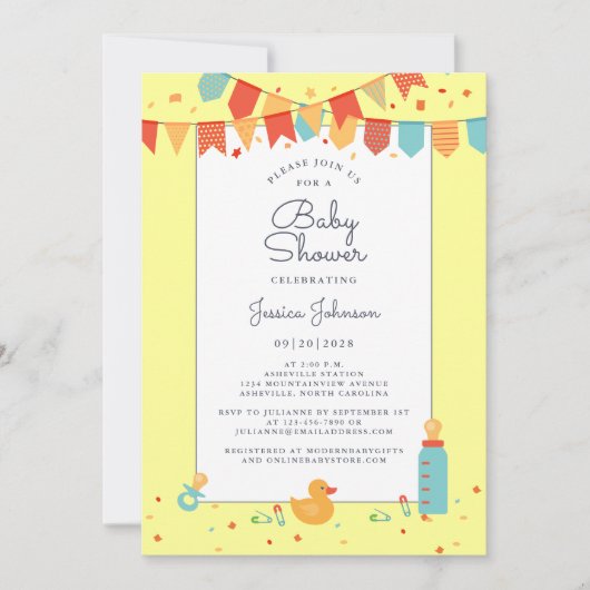かわいい赤ちゃんシャワーイエローレッドティール（緑がかった色）バナーフラグ 招待状 (正面)