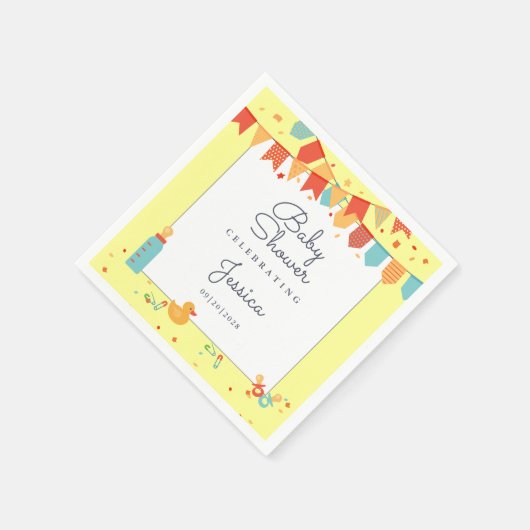 かわいい赤ちゃんシャワーイエローレッドティール(緑がかった色)フラグ紙吹雪 スタンダードカクテルナプキン (角)