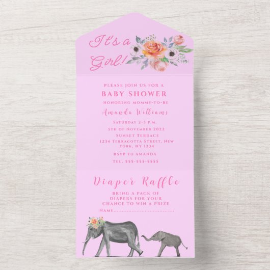 かわいい赤ちゃんシャワーエレファントガールピンク オールインワン招待状 (内側)