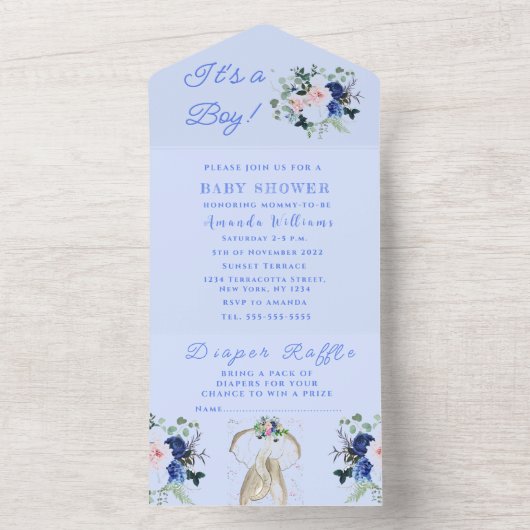 かわいい赤ちゃんシャワーエレファント男の子フローラブルー オールインワン招待状 (内側)