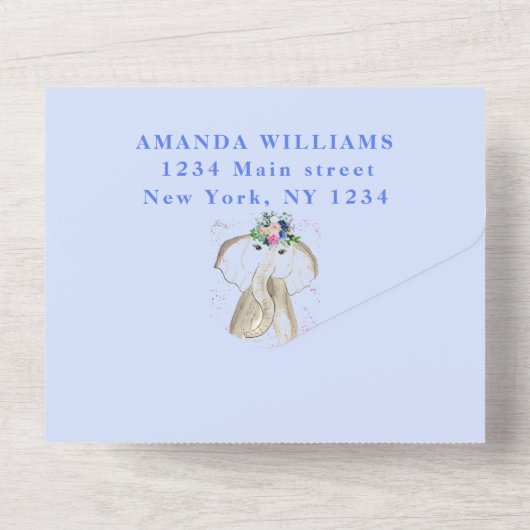 かわいい赤ちゃんシャワーエレファント男の子フローラブルー オールインワン招待状 (裏面)