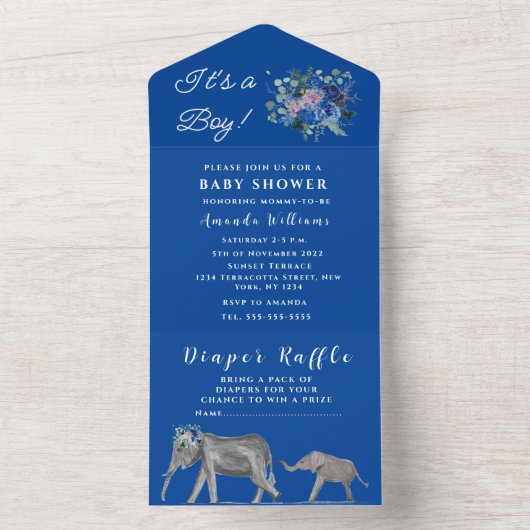 かわいい赤ちゃんシャワーエレファント男の子フローラブルーA オールインワン招待状 (内側)