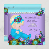 かわいい赤ちゃんシャワーガールティール（緑がかった色）ブルーパープルブロンド 招待状 (正面/裏面)