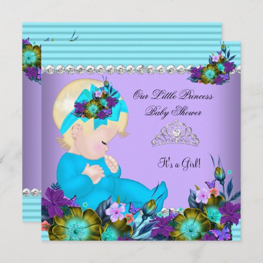 かわいい赤ちゃんシャワーガールティール（緑がかった色）ブルーパープルブロンド 招待状 (正面/裏面)
