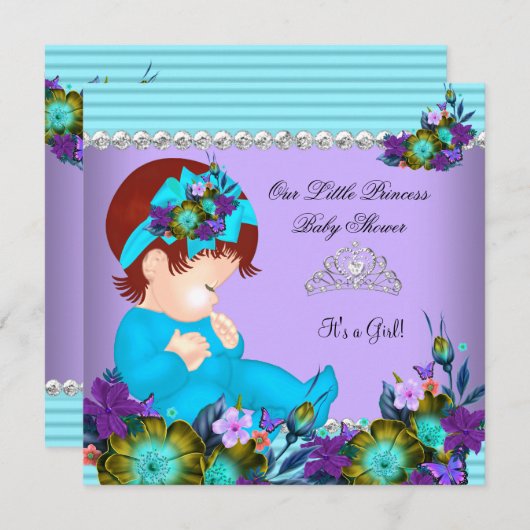 かわいい赤ちゃんシャワーガールティール(緑がかった色)ブルーパープルレッドヘッド 招待状 (正面/裏面)
