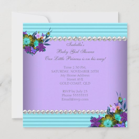 かわいい赤ちゃんシャワーガールティール（緑がかった色）ブルーパープルレッドヘッド 招待状 (裏面)