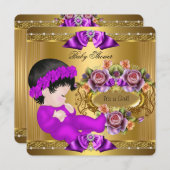 かわいい赤ちゃんシャワーガールパープルピンク金ゴールドバラ 招待状 (正面/裏面)