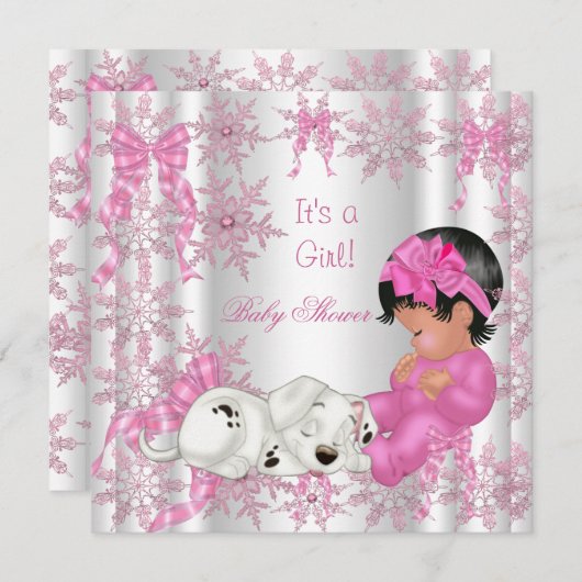 かわいい赤ちゃんシャワーガールピンクかわいらしの雪片 招待状 (正面/裏面)