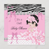 かわいい赤ちゃんシャワーガールピンクゼブラ水玉模様5 招待状 (正面/裏面)