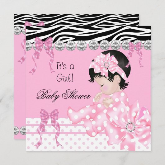 かわいい赤ちゃんシャワーガールピンクゼブラ水玉模様5 招待状 (正面/裏面)