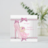 かわいい赤ちゃんシャワーガールピンク水玉模様ハイヒールC3 招待状 (スタンド正面)