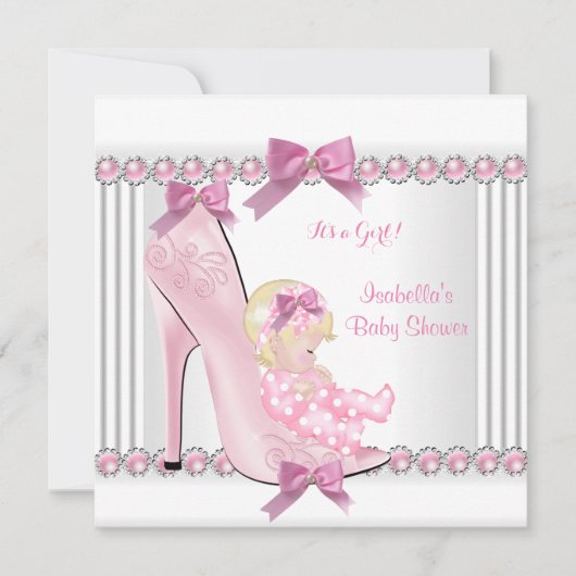 かわいい赤ちゃんシャワーガールピンク水玉模様ハイヒールC3 招待状 (正面)