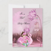 かわいい赤ちゃんシャワーガールベビーホットピンクスワン魔法 招待状 (正面)