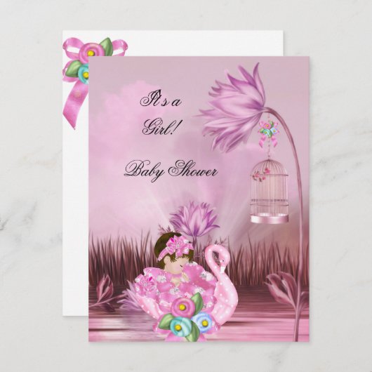 かわいい赤ちゃんシャワーガールベビーホットピンクスワン魔法 招待状 (正面/裏面)